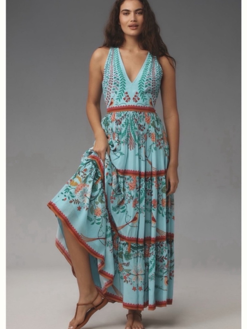 NWT Anthro Limerick by Abirr n' Nanki Flowy Tiered Floral Birds Maxi Dress, S